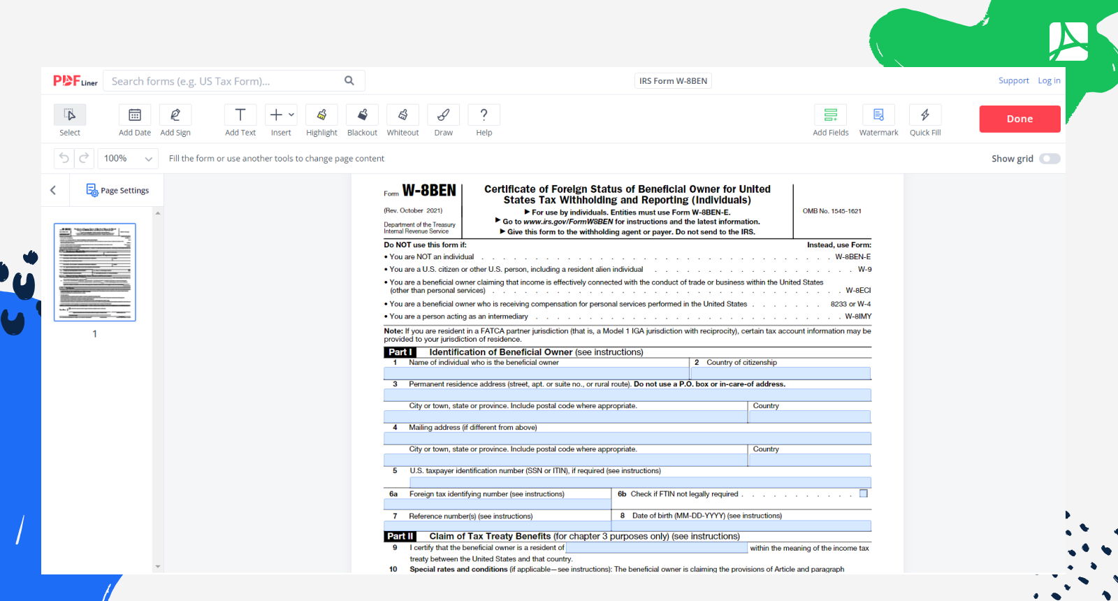 IRS Form W-8BEN Screenshot
